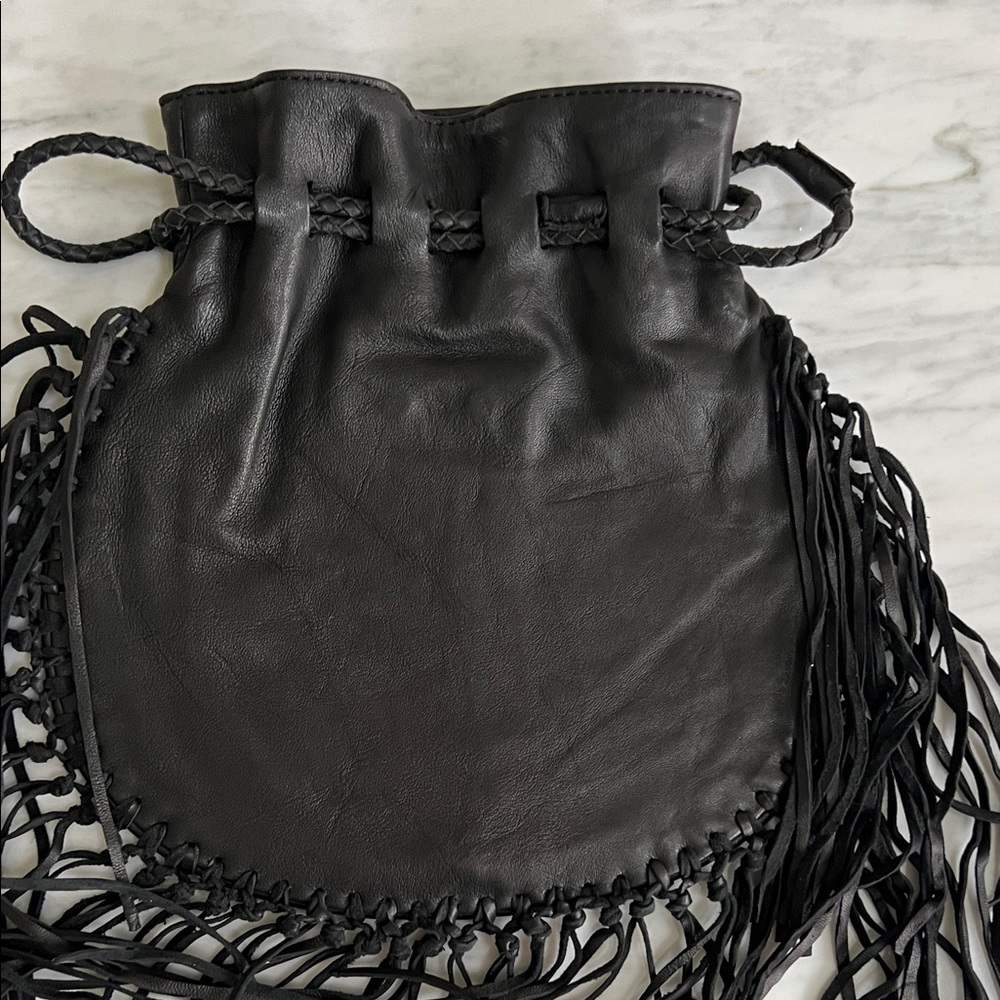 Vintage Cleobella Black and Gold Beaded Fringe Drawstring Leather Wristlet - Picture 4 of 11